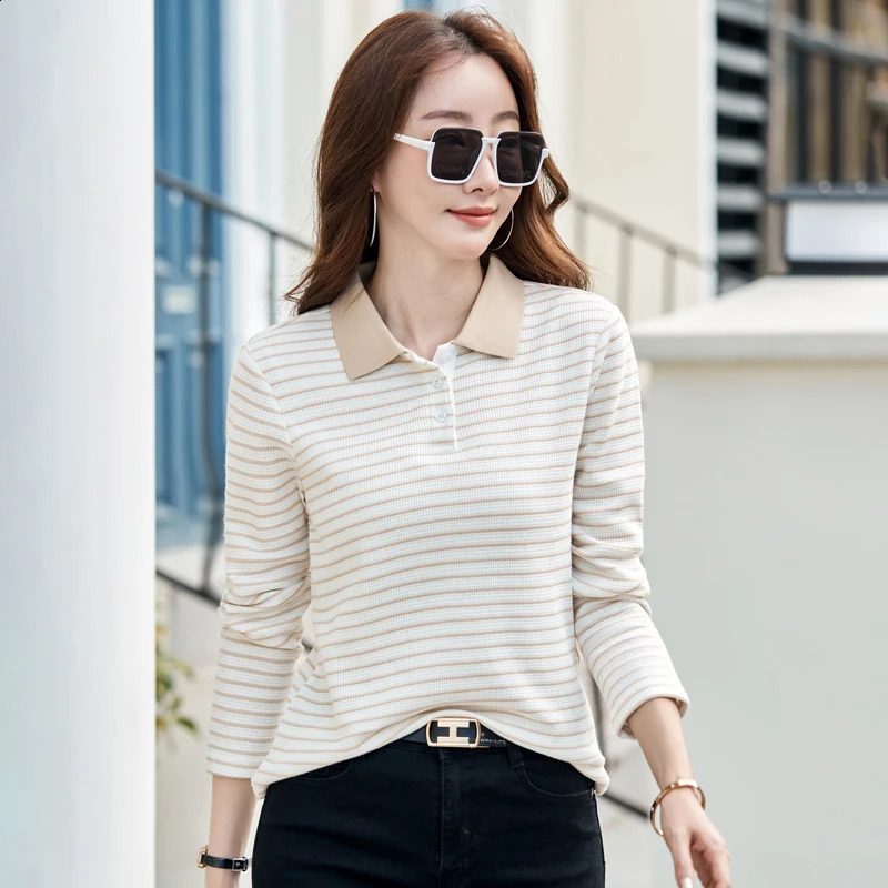 Autumn Long Sleeve Polo Shirt Plus Size Women Stripe Polo Neck Shirts In Fashion Button Office Lady Formal Women Top 251027