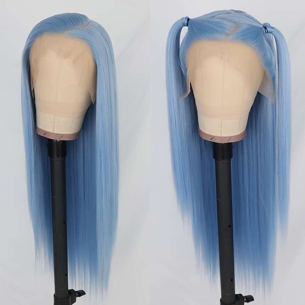 Women's 28 Inch Sky Blue Straight Synthetic Front Wig, High Temperature Fiber, Glueless HD Frontal, Soft Silky Hair For Halloween, Party, Cosplay