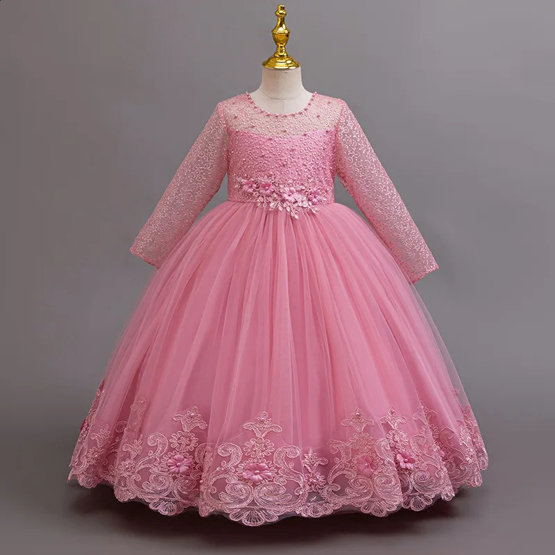 Childrens Embroidered Party Evening Dress 312 Years Old Lace Long Sleeve White Wedding Long Princess Dress for Girls 251023
