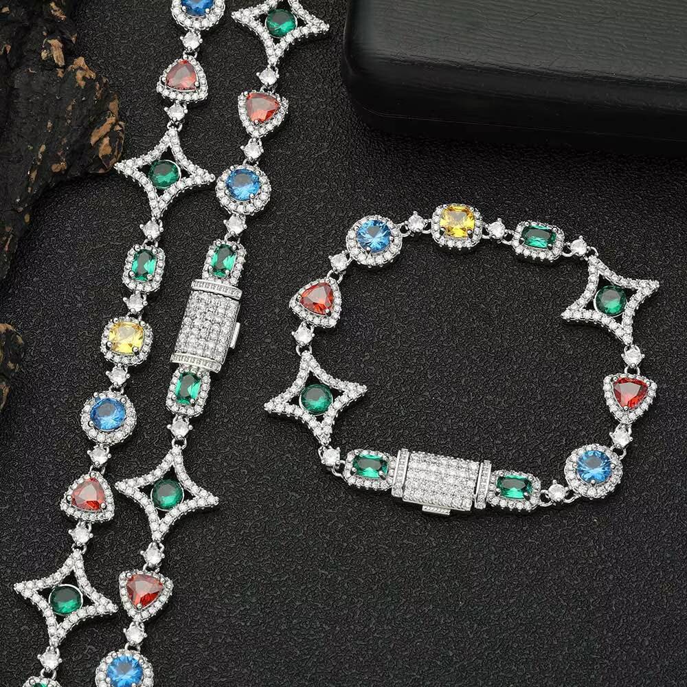 New Arrival Colorful Gemstone Chain for Women 18K Gold Plated Colored Moissanite Geometry Motif Link Necklace Hip Hop Jewelry