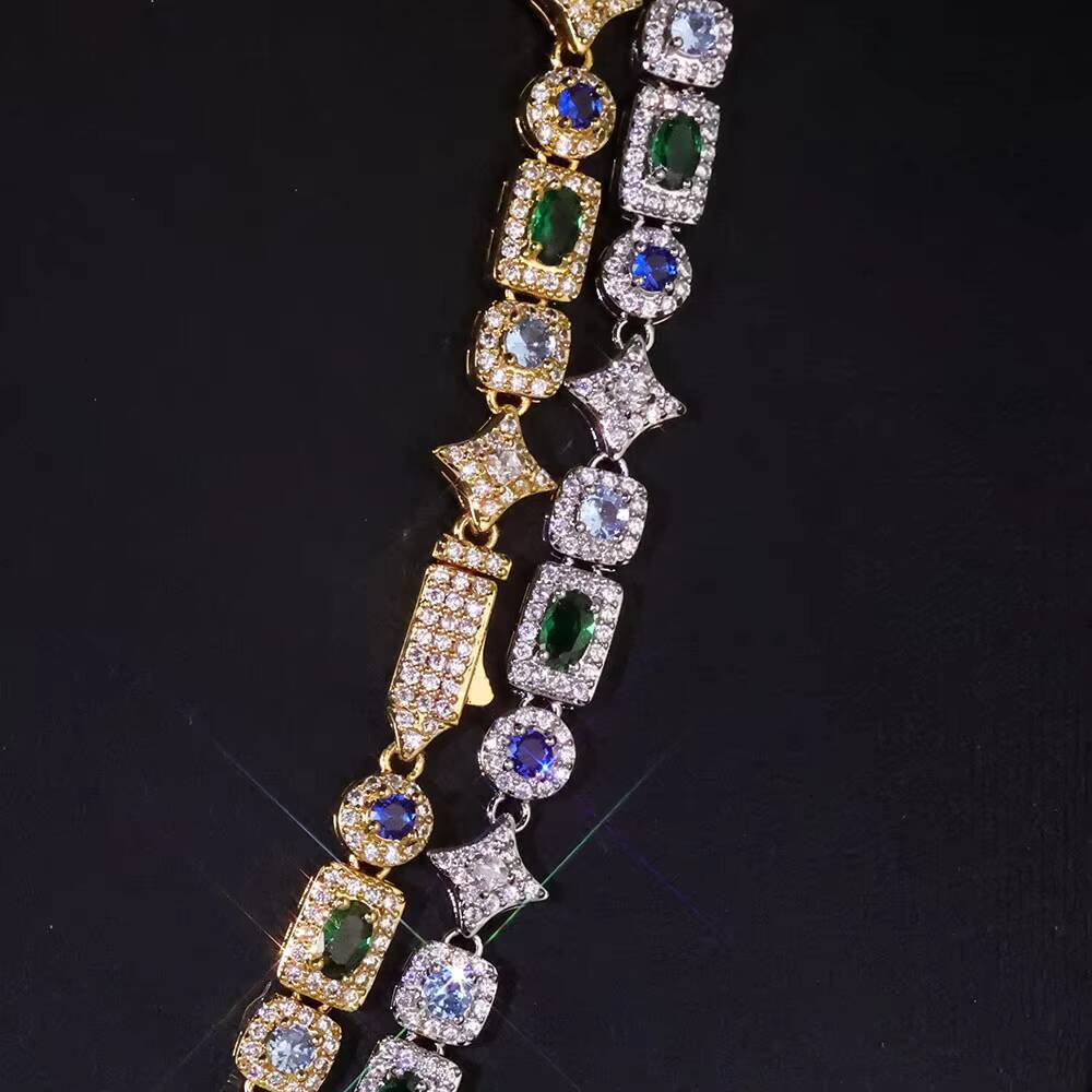 6mm Iced Out Diamond Star Chain Bracelet Colorful Geometric Moissanite Brass Hip Hop Fine Jewelry