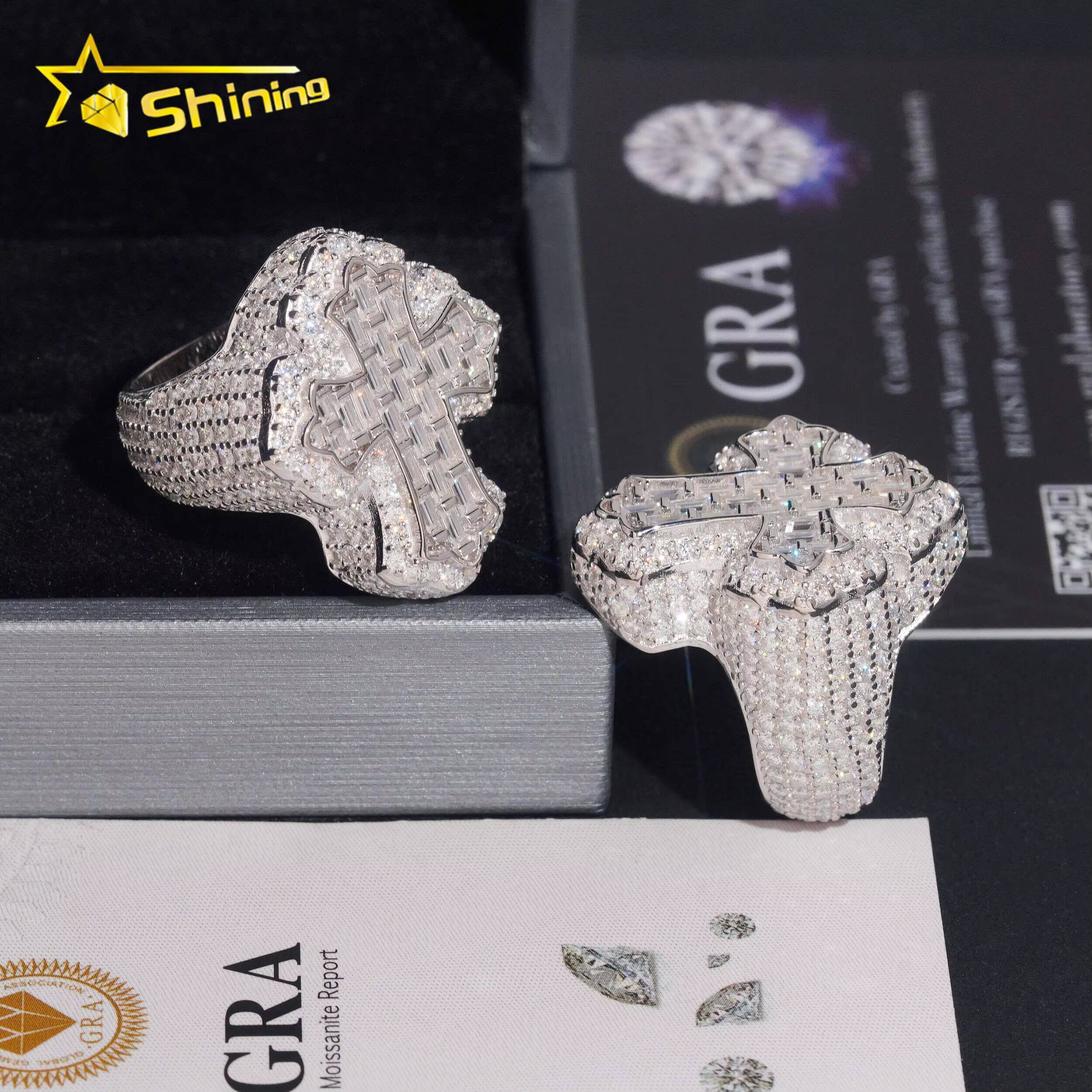 Hot Selling Moissanite Mens Ring USA Local Stock Shipping 925 Silver Baguette Moissanite Cross Ring GRA Certificated