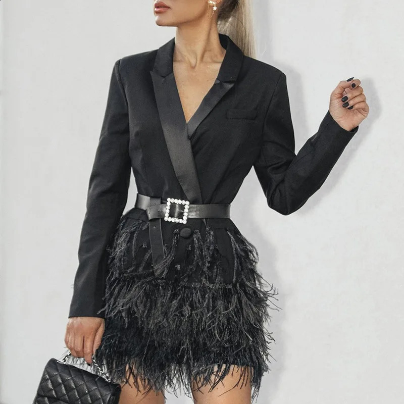 High Quality Feather Splicing Blazer Dresses Spring Women Long Sleeves with Belt Mini Dress Autumn High Waist Vneck Suit Dress 251020