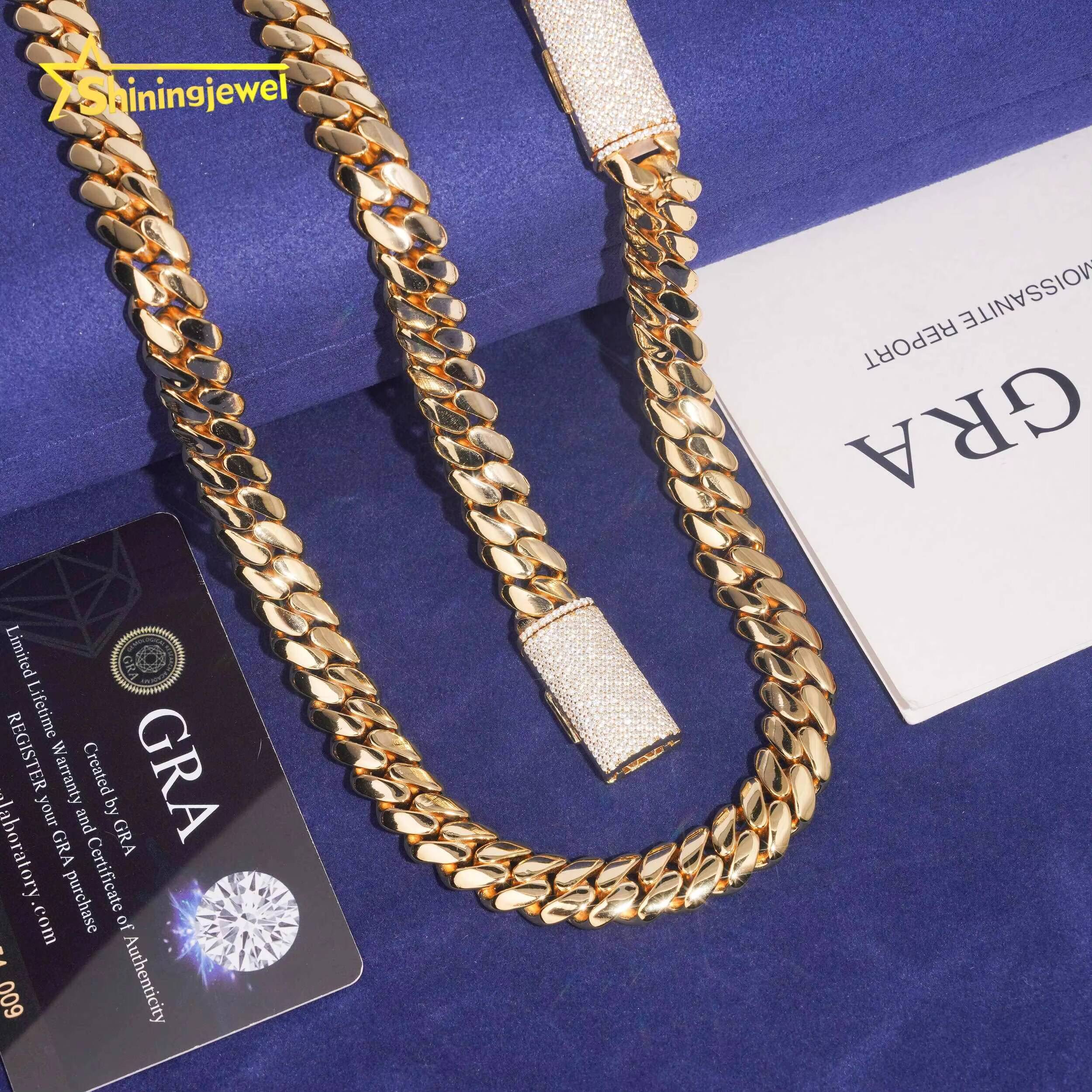 925 Silver 12mm Gold Plated Plain Cuban Link With Moissanite Lock Hip Hop Jewelry Custom Cuban Link Chain for Rapper