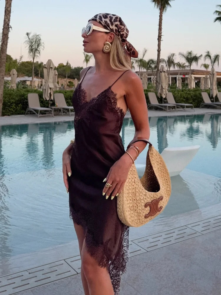 Brown Satin Lace Splicing Sling Dress Women Elegant Irregular Hem V Neck Backless Sleeveless Gown Chic Women Party Club Vestidos 251027