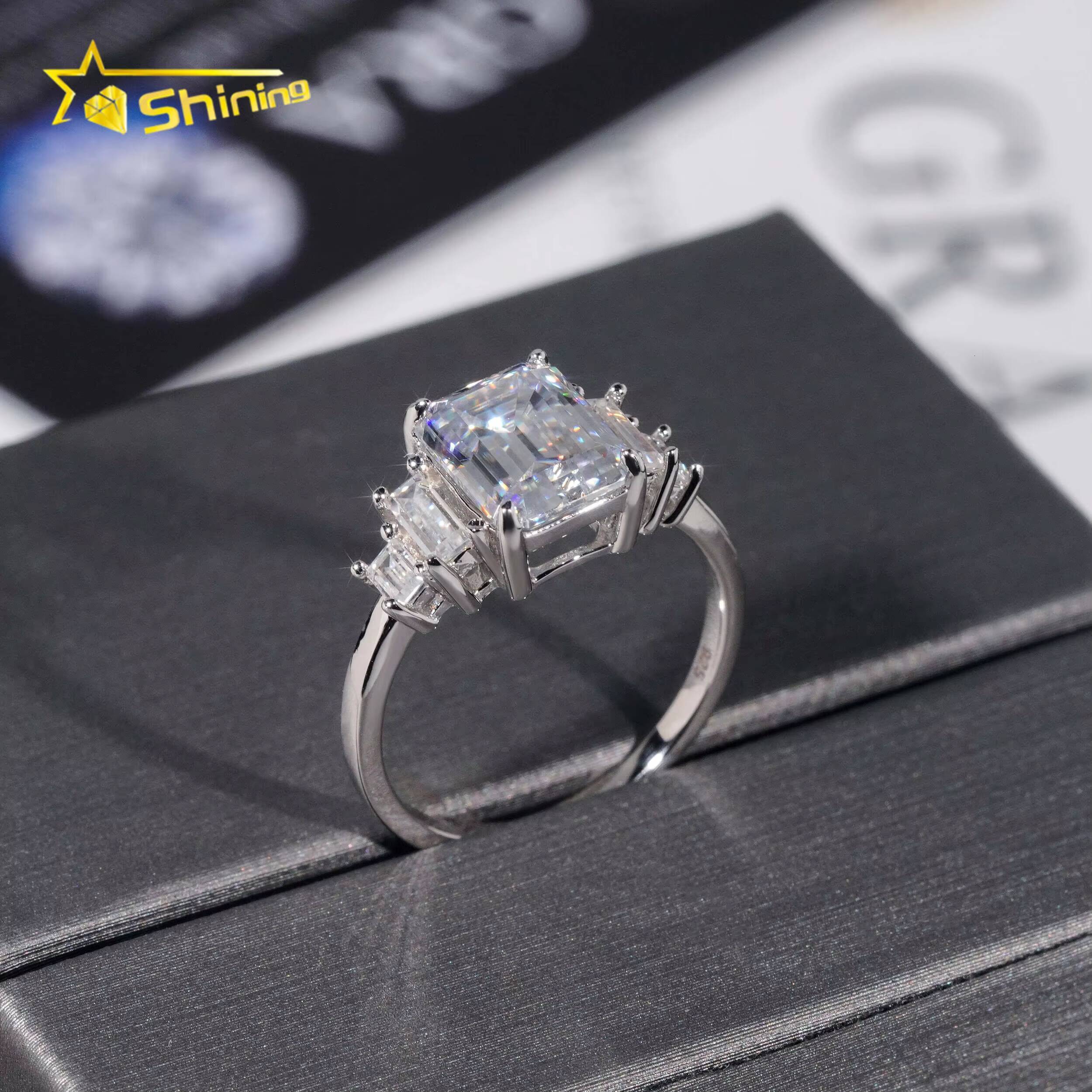 Wholesale Gold Plated Rhodium Plated Vvs Moissanite 925 Silver Diamond Emerald Cut 3ct Women Engagement Wedding Ring