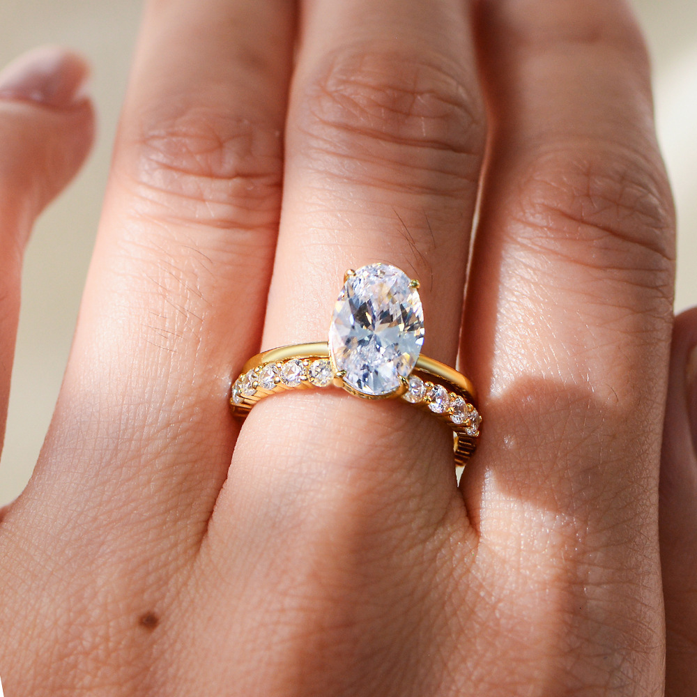 FOXI 2 Ct Oval Cut Moissanite Wedding 14k Gold Plated Bridal Engagement Set Art Deco Matching Stacked Bands Ring