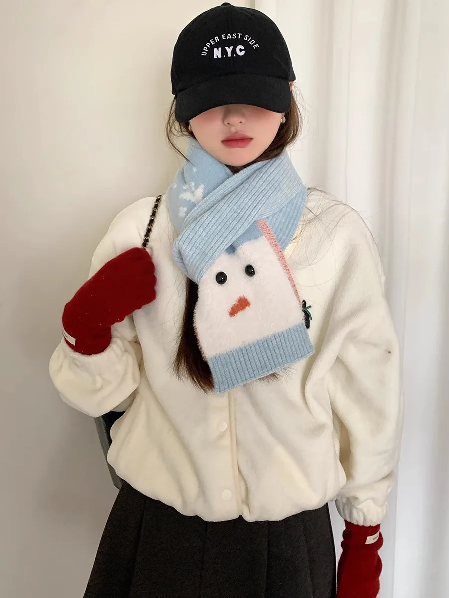 Womens Winter Warm Neck Scarf With Wool Christmas Atmosphere Fluffy Snowman And Snowflake Versatile Small Neck Warmer 251024