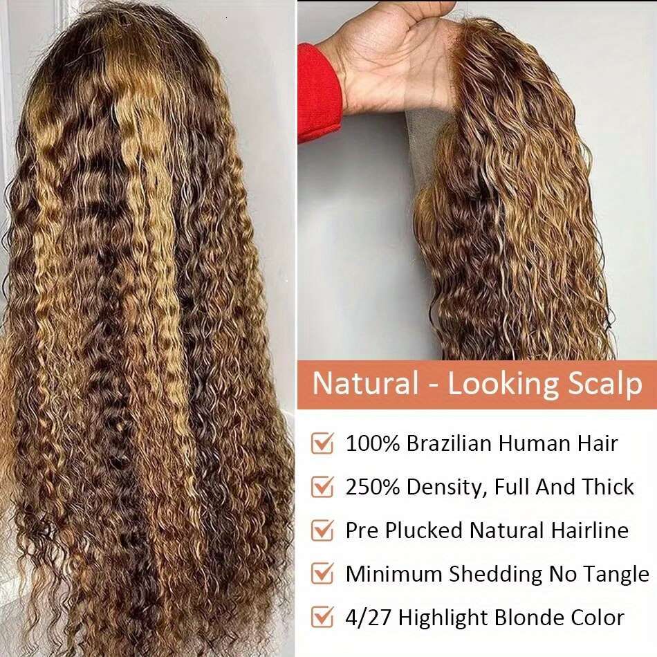 250% Density 13X4 HD Transparent Lace Front Human - Ombre Honey Blonde To Darker Brown Kinky Deep Curly With Pre-Plucked Baby Hair, Vacation Style Nat