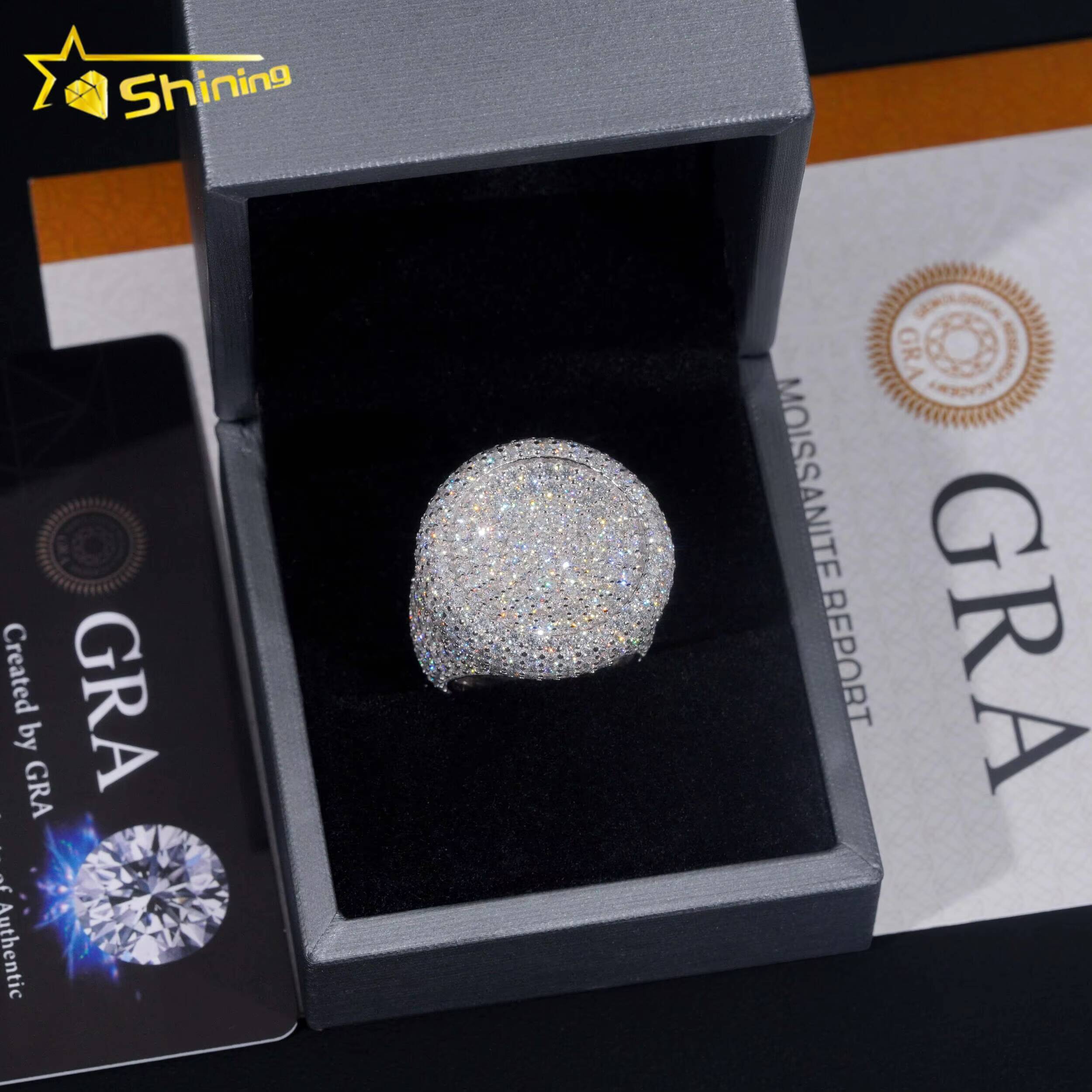 Stock Pass Diamond Tester Hip Hop Jewelry 925 Silver Fully Iced Bubble Edge Round Diamond Moissanite Men Ring Pinky Ring