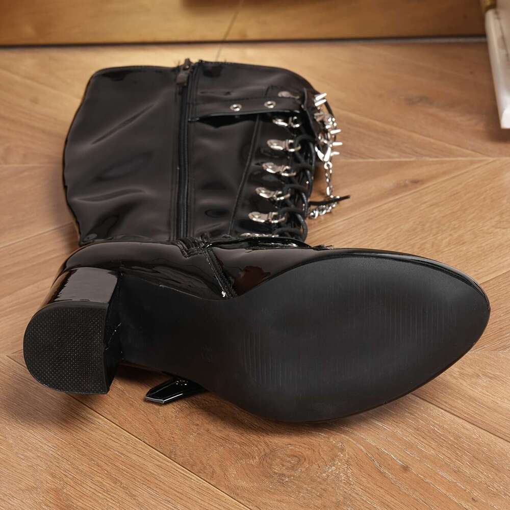 2025 Winter New Thick-Heeled Knight Women's European And American Popular Round Toe Skull Head Lace-Up Long Boots High Heels