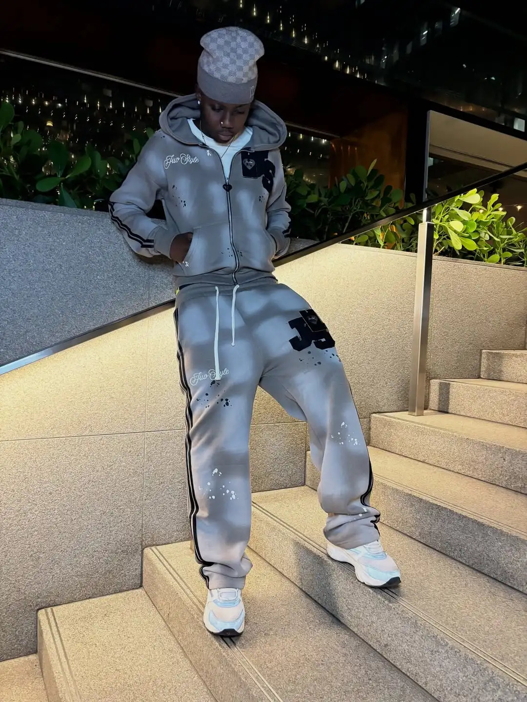Y2K Light Grey Classic Style Sports Set Street Hip Hop Stripe Fashion Mens Wear 251027