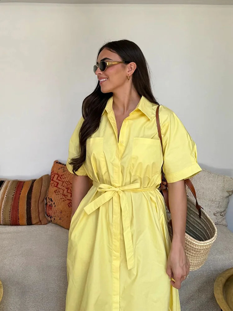 Summer Casual Lapel Shirt Dress Retro Lace Up Short Sleeved Womens Dress Elegant Single Breasted Solid Long Dress 251027