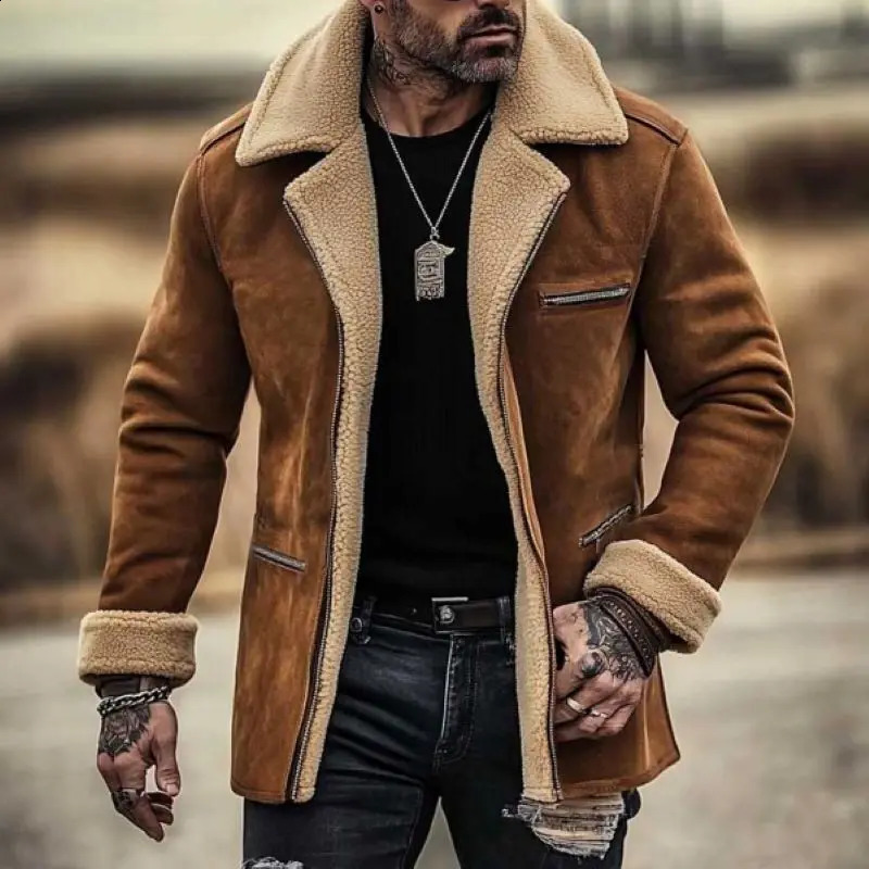 Mens Vintage Suede Shearling Coat Fleece Lined MidLength Jacket with Zipper Pockets Reverse Collar and Warm Wool Fur 251027