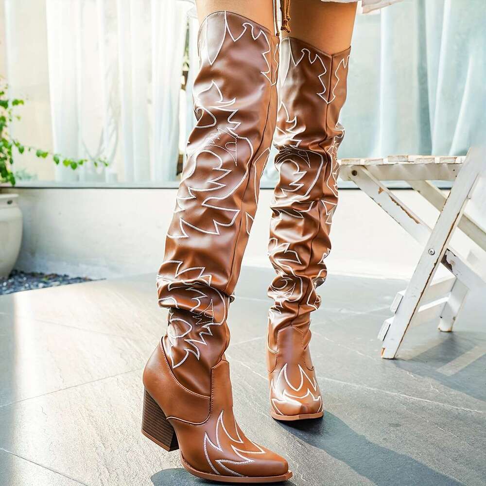 Women's Pointed Toe Embroidered Over-The-Knee - Slip-On Chunky With Pattern, Synthetic Cover Upper TPU Sole, High Heel Boots For Casual & Outfits