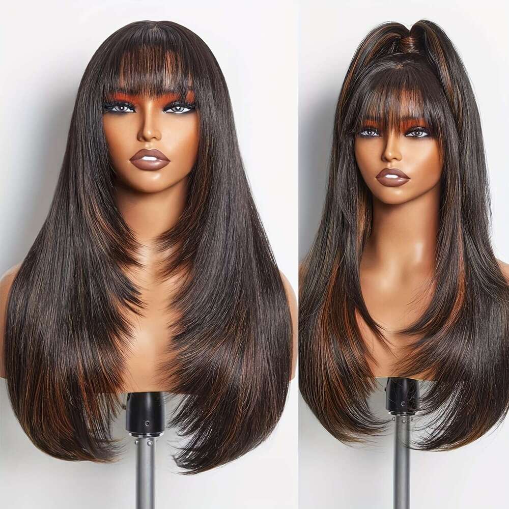 Chic Layered Straight Wig With Bangs - Brown Synthetic Hairpiece Women, Glueless Pixie Cut, Density Rose Net Cap, Perfect For Daily Use & High-Tempera