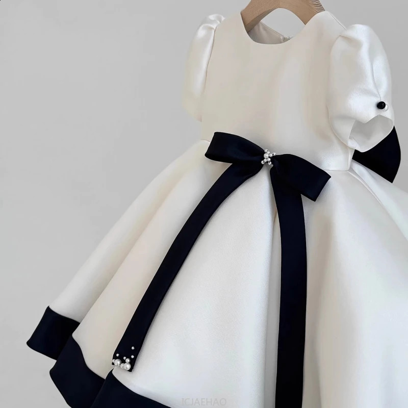 French Style Baby Girl Satin 1st Birthday Dress Wedding Flower Girl Princess Gown Black White Classic Party Outfit Kid Costumes 251023