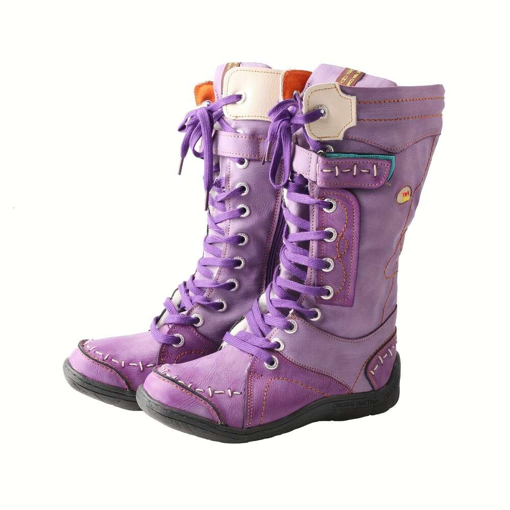 TMA EYES MAIA Women's Handmade Genuine/Microfiber Leather Winter -Like, Lace-Up Mid-Calf Round Toe Booties With TPR Sole, Grey/Black/Brown/Red Co