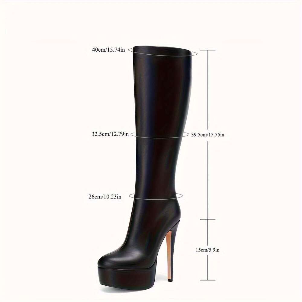 Women's Quality Platform High-Heeled Knee-High Glossy Black Zipper Closure, Ultra-High Heel Round Toe Elegant Events, Parties, Attire Comfortable