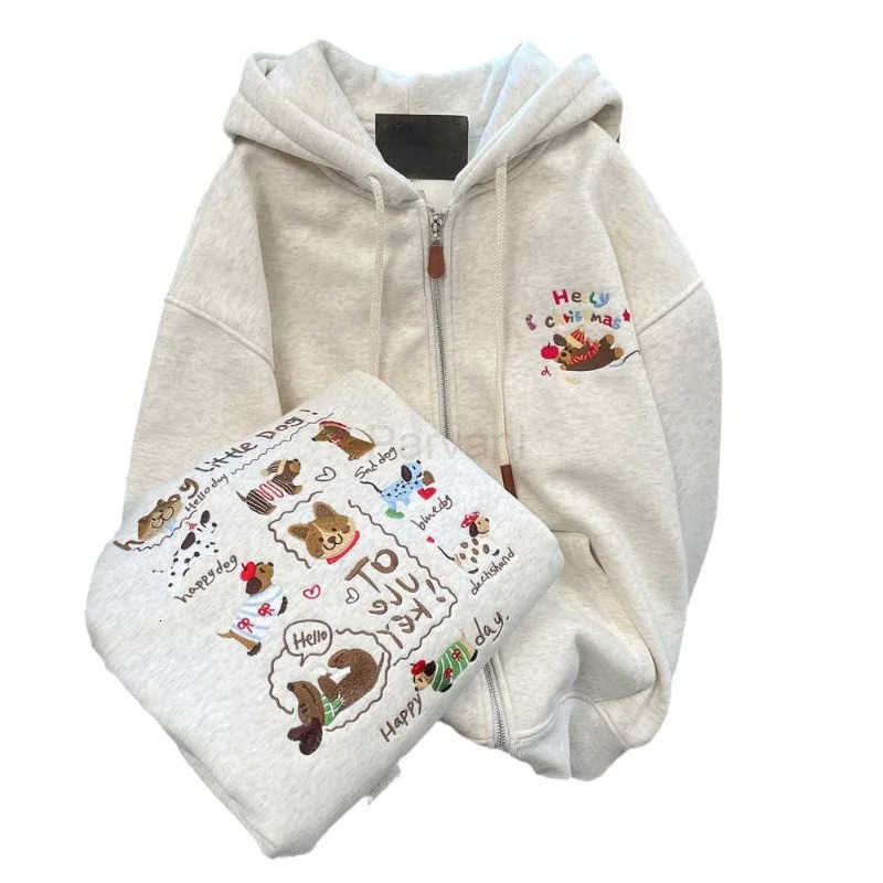 Sanrio Autumn and Winter Versatile Cute Heavy Industry Embroidered Dog Hoodie Cardigan Womens Lazy Style Loose Casual Hooded Jacket L251028