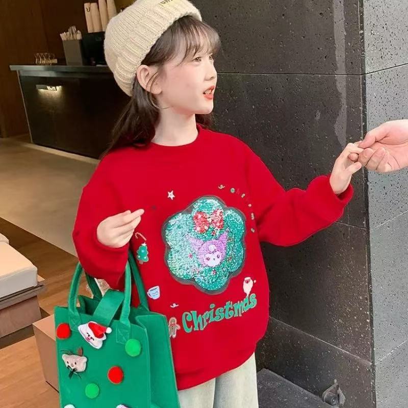 girl Kolumi Christmas red fleece pullover for autumn and winter, new style, girls' clothes with sequins that change color, festive clothes for th