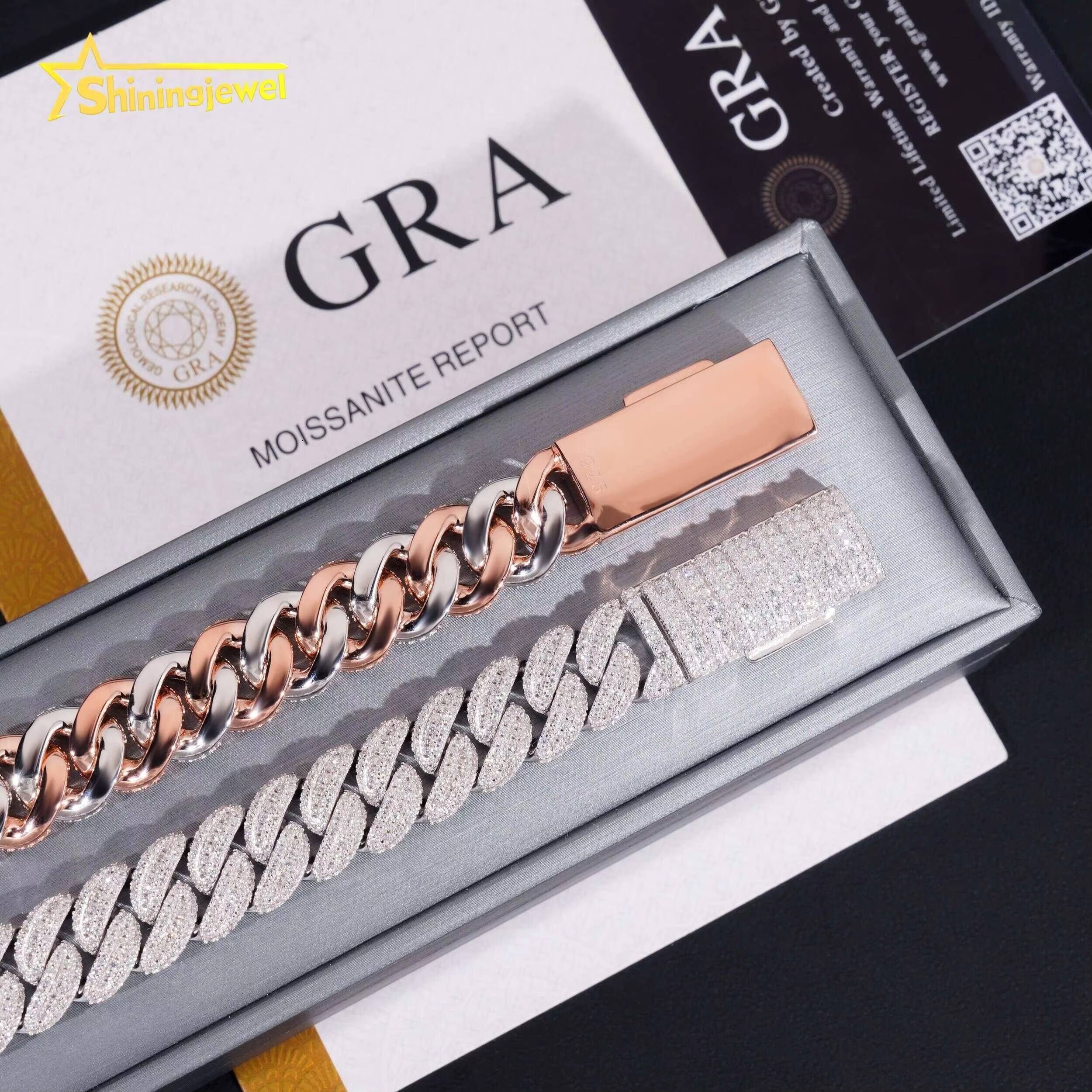 High Quality Iced Out Moon Shape 925 Silver Two Tone Hip Hop 13mm Mens Moissanite Cuban Link Bracelet