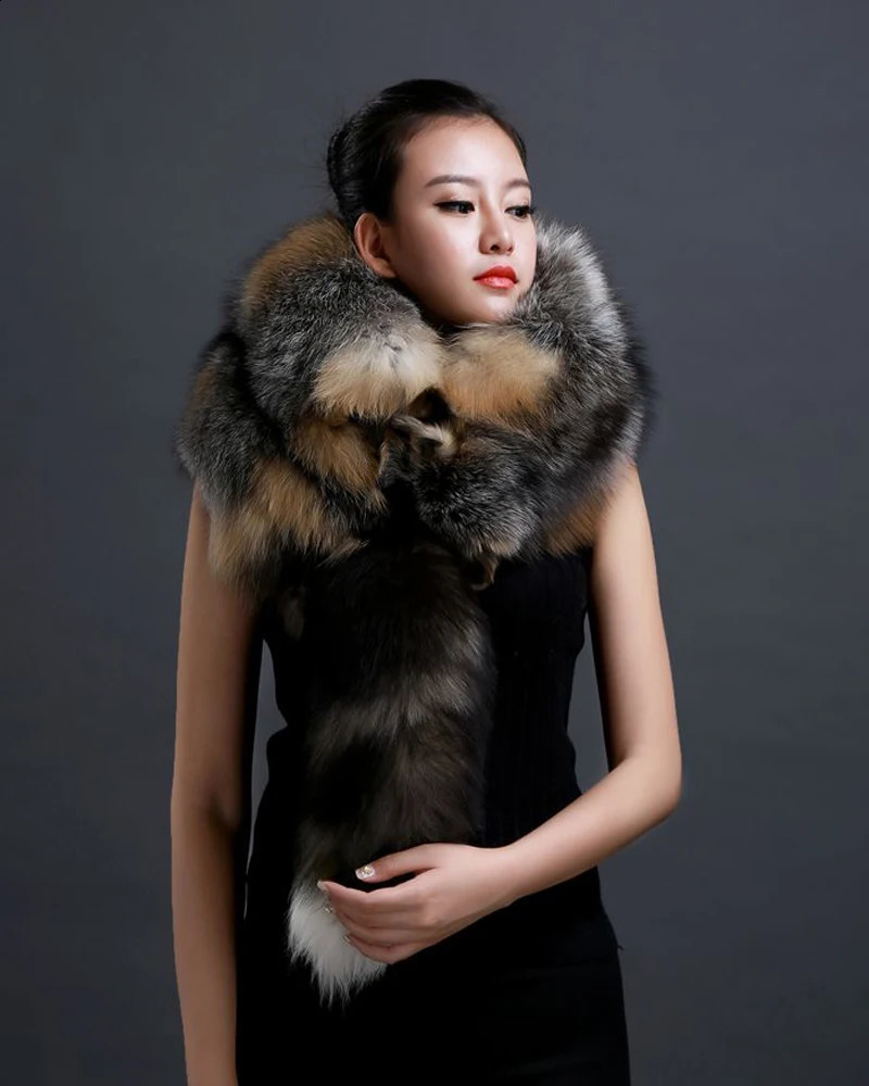 Winter Warm Large Fox Fur Collar Natural Fur Coat Scarves Women Men Jackets Hood Shawl Decor Female Neck Scarf Wraps 251023
