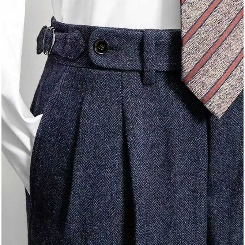 Fashion Naples Suit Pants Men England Style High Waist Business Straight Slim Trouser Autumn Winter Woolen Vintage Gurkha Pant W251028