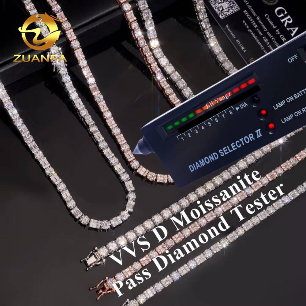 Trending Fancy Cut Moissanite Tennis Chain Necklace Asscher Emerald Baguette 925 Sterling Silver Iced Out Hip Hop Jewelry