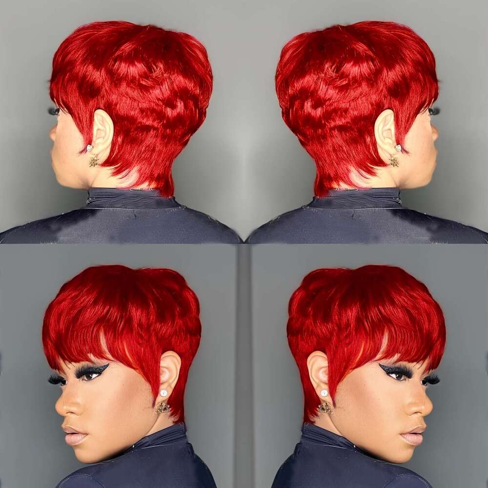 Women's 6-Inch Straight Human Hair Wig With Layered Bangs - Bright Ruby Red Pixie Cut, Density Rose Net Cap, Natural Look For Cosplay & Everyday 