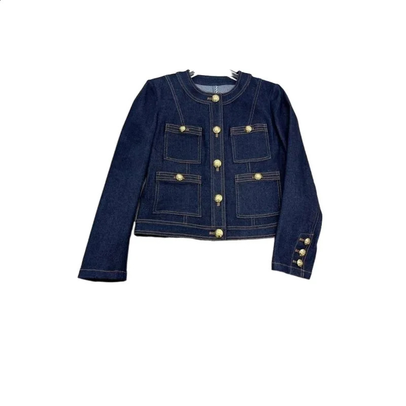 Retro round Neck Short Denim Jacket Womens Spring Style French Contrast Color Stitching Cotton Casual Top 251015