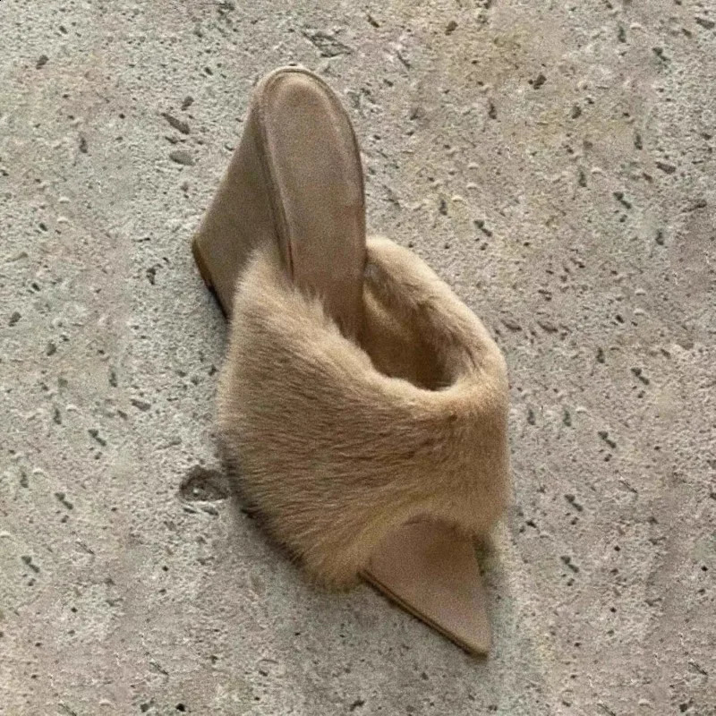 Wedge Slippers Fall Pointed Toe Peep Toe Plush NonSlip WearResistant High Heel FlipFlops 251023