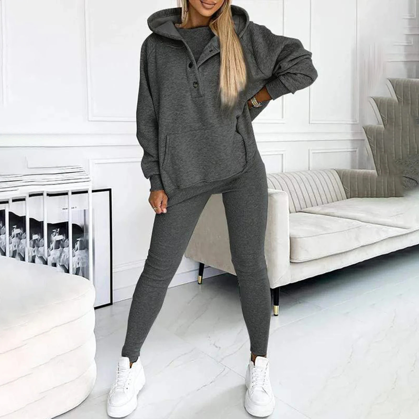 2PcsSet Women Spring Casual Outfit Hooded Long Sleeve Sweatshirt Joggers Pants Set Comfortable Solid Color Tracksuit 251027
