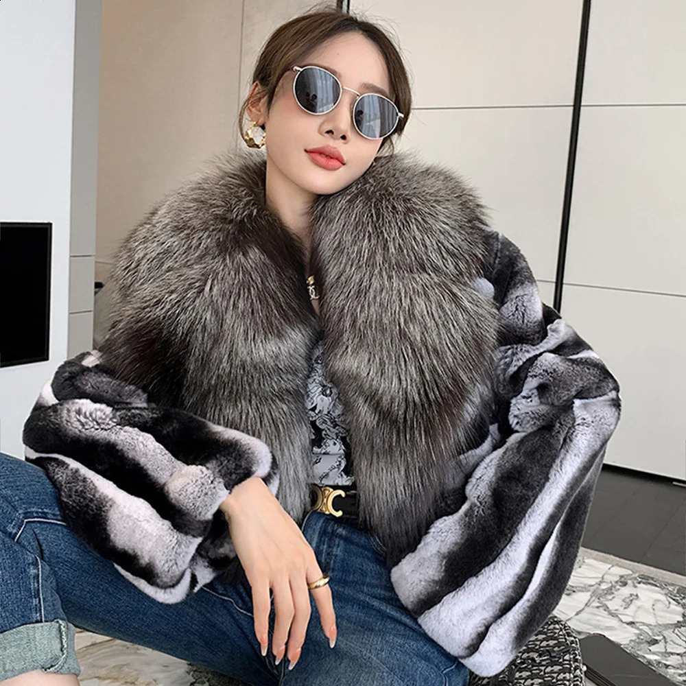 Natural Rex Rabbit Fur Jacket Real Silver Fox Fur Collar Chinchilla Fur Winter Jackets Women Fur coat 251027