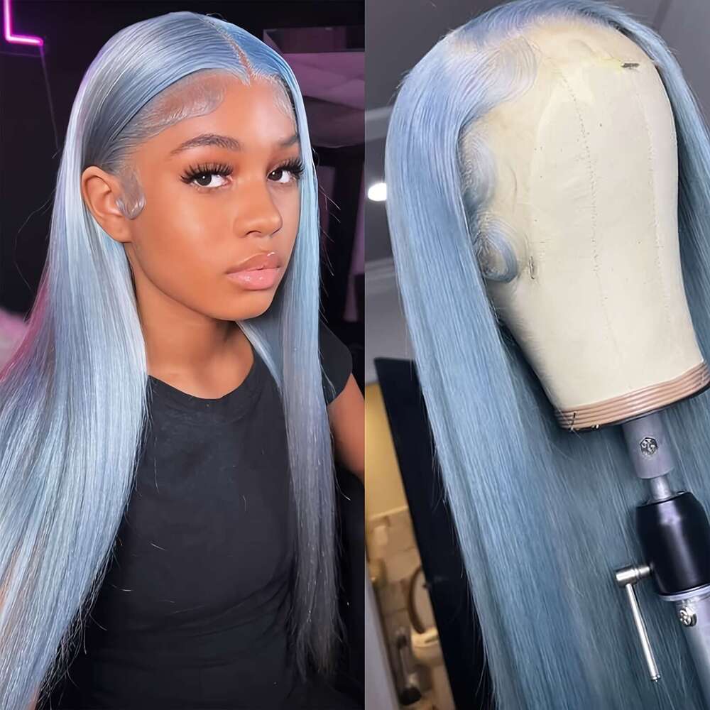 Women's 28 Inch Sky Blue Straight Synthetic Front Wig, High Temperature Fiber, Glueless HD Frontal, Soft Silky Hair For Halloween, Party, Cosplay