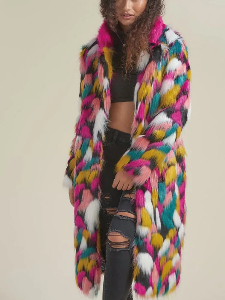 Rainbow Colorful Faux Fur Coat Womens Cold Wear 2023 Winter Warm Thick Fluffy Jacket Outerwear Furry Chic Cardigan 251018
