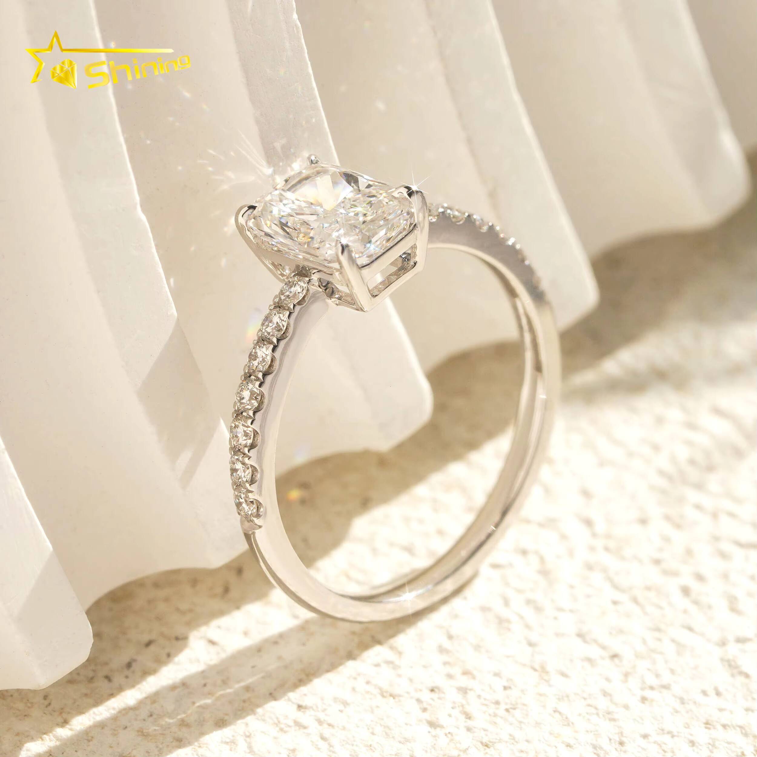 18K Real Solid White Gold Radiant Cut Lab Grown Diamond Half Band Eternity Diamond Ring Fine Jewelry for Women Daily Use Wear