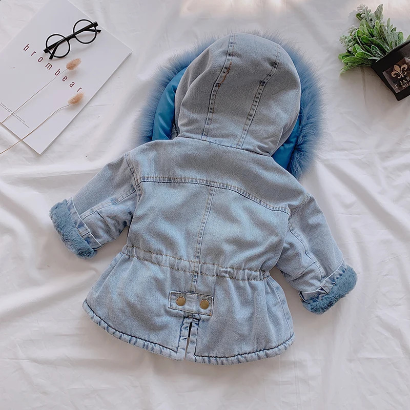 OLEKID Winter Baby Girl Denim Jacket Plus Velvet Fur Warm Toddler Girl Outerwear Coat 15 Years Kids Infant Girl Parka 251023