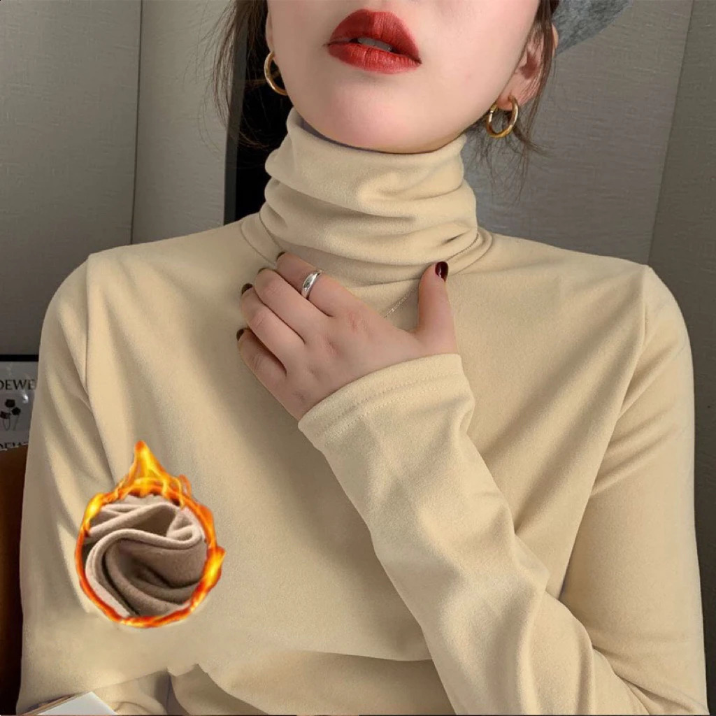 1pcs Women Autumn Winter Thickening Warm Longsleeved Tshirt Pile Collar Thermal Underwear Fashion High Collar Slim Thermal Top 251027