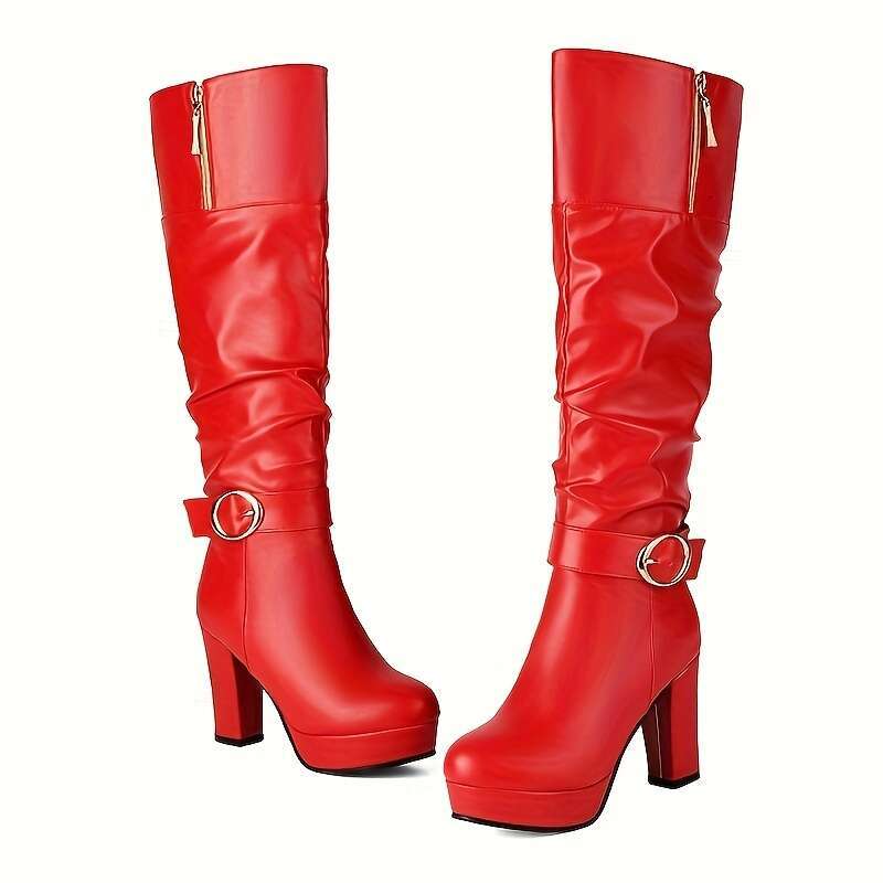 Women's Extra Leg Fitting Over-The-Knee OTK Zipper Closure, Thick Platform Chunky Heel, Golden Buckle Accent Pink/Black/White/Gray/Navy - Dress S