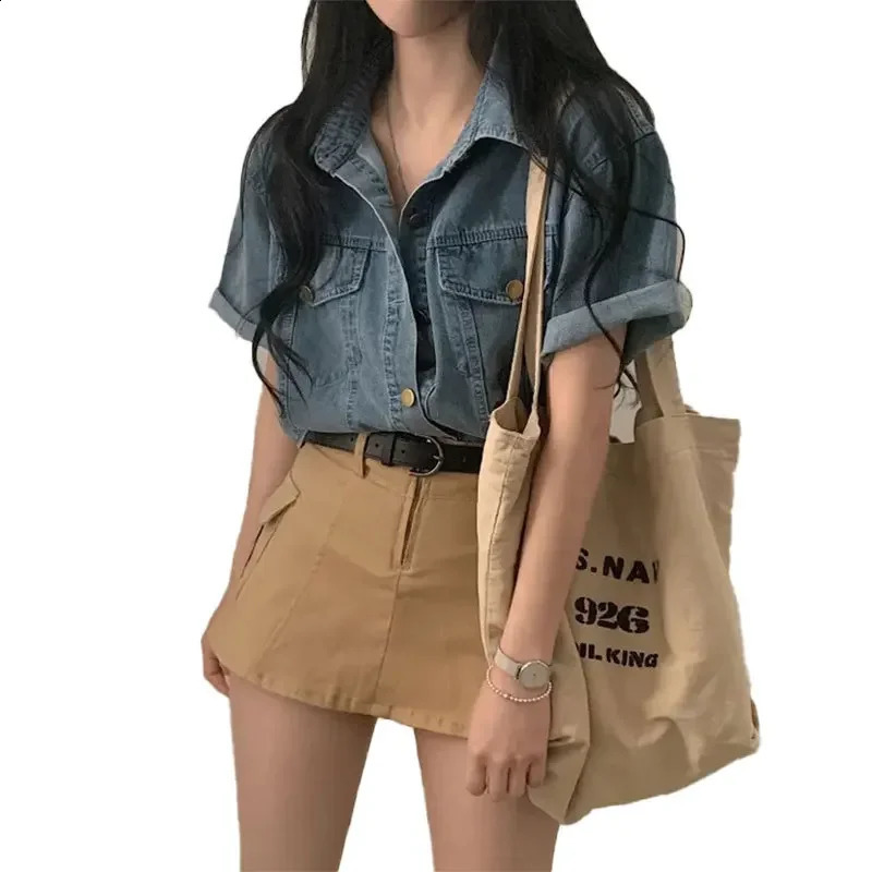 Korean Style Short Sleeve Denim Jacket Thin Outerwear Summer Vintage Womens Top Layered Clothing Cotton Material 251015