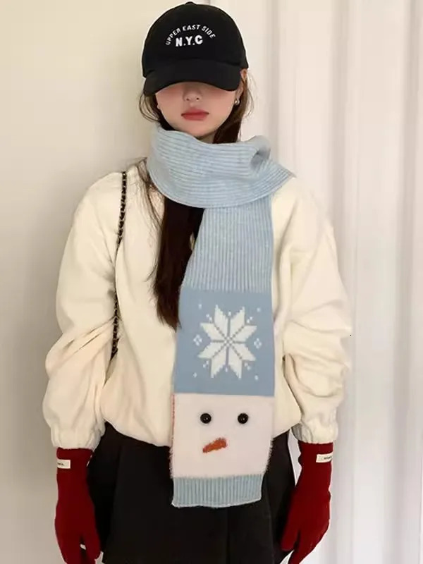 Womens Winter Warm Neck Scarf With Wool Christmas Atmosphere Fluffy Snowman And Snowflake Versatile Small Neck Warmer 251024