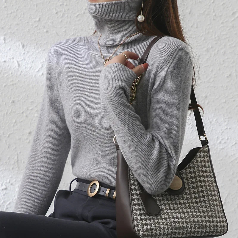 Womens Autumn and Winter 100 Wool Casual Warm Stacked High Neck Wool Loose Thick Underlay Knitted Sweater Top 251027