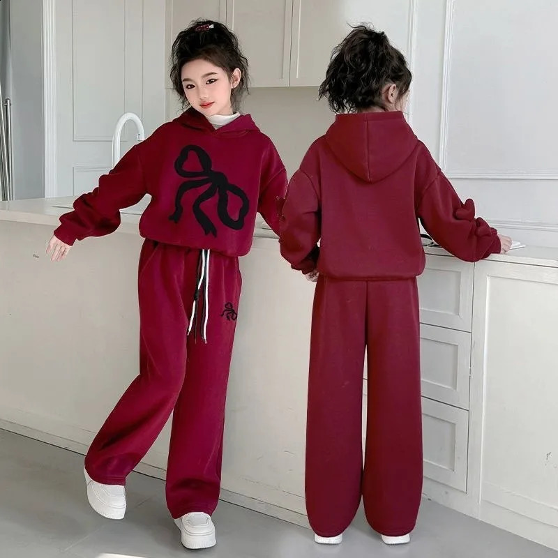 Fleecelined Top Pants 2Piece Set Hoodies Bow Girls Outfits Childrens Clothing Korean Kids Clothes 11 12 Years Girl 10 Old 251027