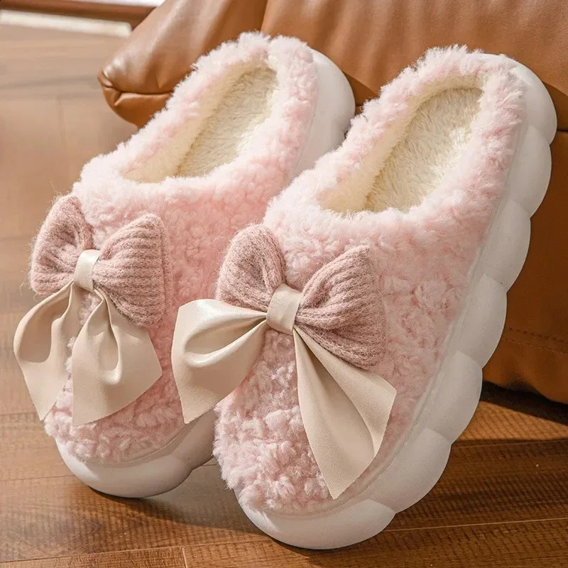 Cotton slippers for Women Autumn and Winter Thick Sole Indoor Home Warm Couples Shoes Bow NonSlip Flat Platform Womens Slipper 251023