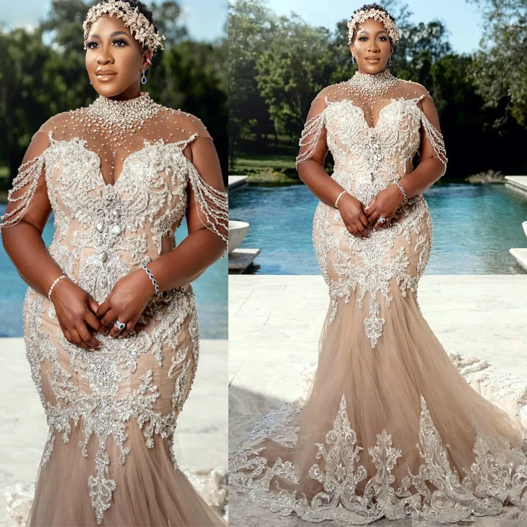 Aso Ebi Arabic Plus Size Mermaid Bridal Gown in Champagne with Full Lace Crystals Detachable Train and Illusion Design