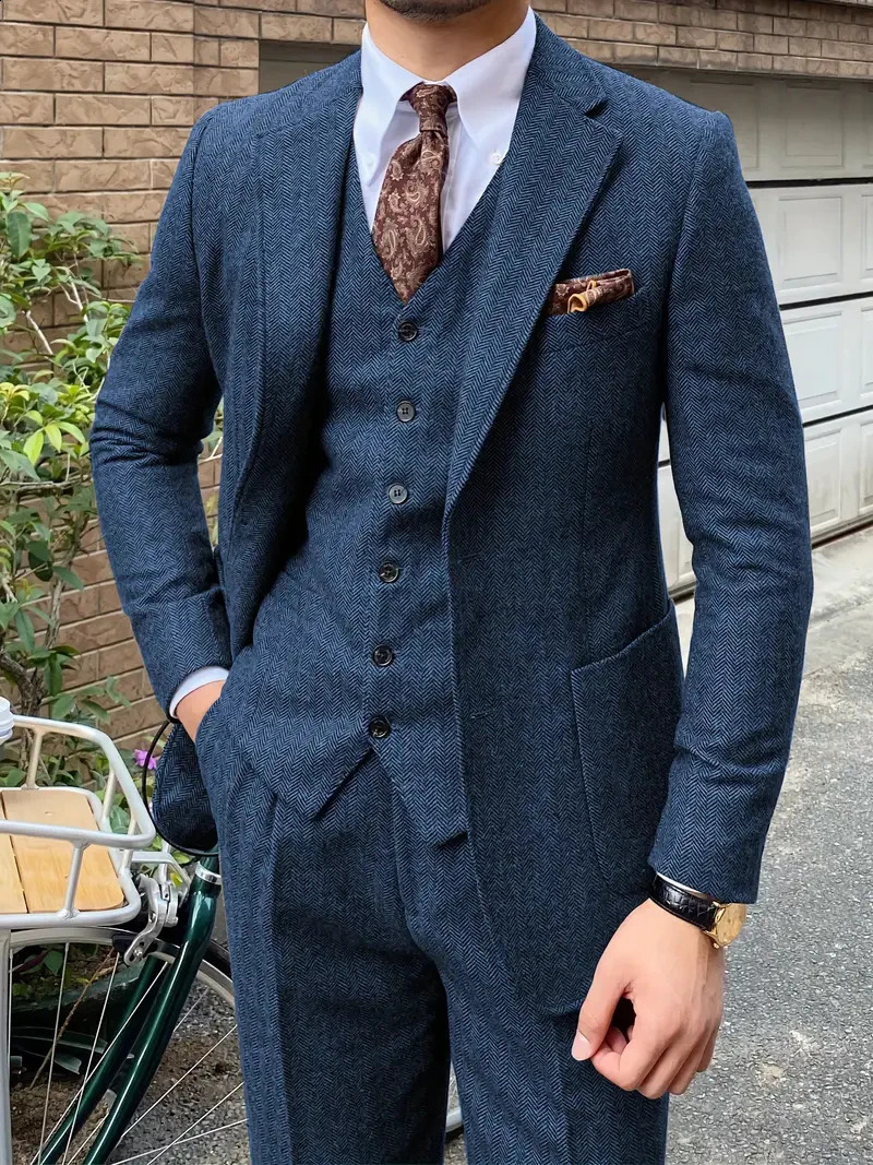 Elegant 3pcs Mens Tweed Suits Wool Blend Herringbone Western Vintage Wedding Formal Events JacketVestPants 251027