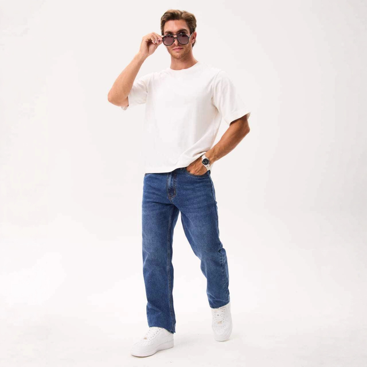 Men's Jeans Straight - Relaxed Large-sized Chubby Deep-groin Durable Straight-through Loose Elastic Force Denim Fit With Great Drape Tummy & Slim