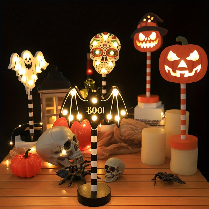 Halloween LED Decorative Table Lamp, Wooden Pumpkin/Bat/Ghost/Skull Shaped Warm Light Ornament, Battery-Powered Halloween Decoration Light165--072301