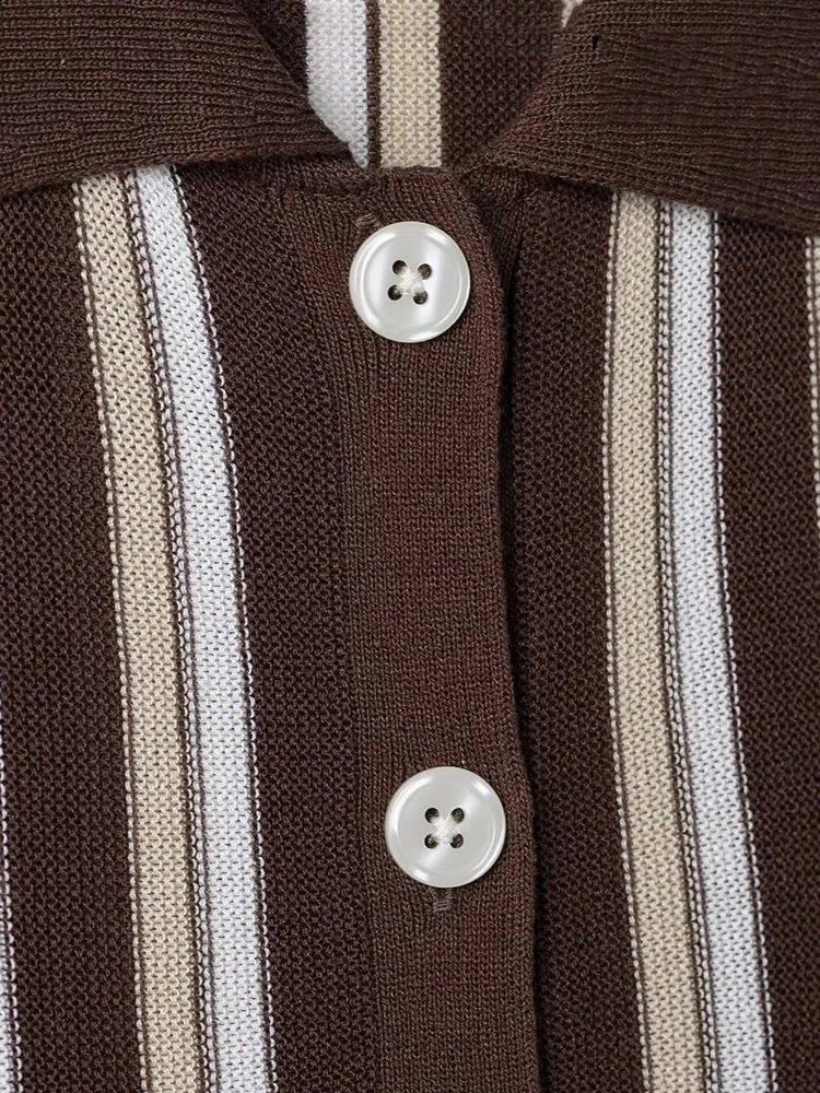 Womens Fashion Simple Slouchy Crash Color Stripe Short Sleeve Single Breasted Knit Polo Top Casual Everyday Versatile Top 251027